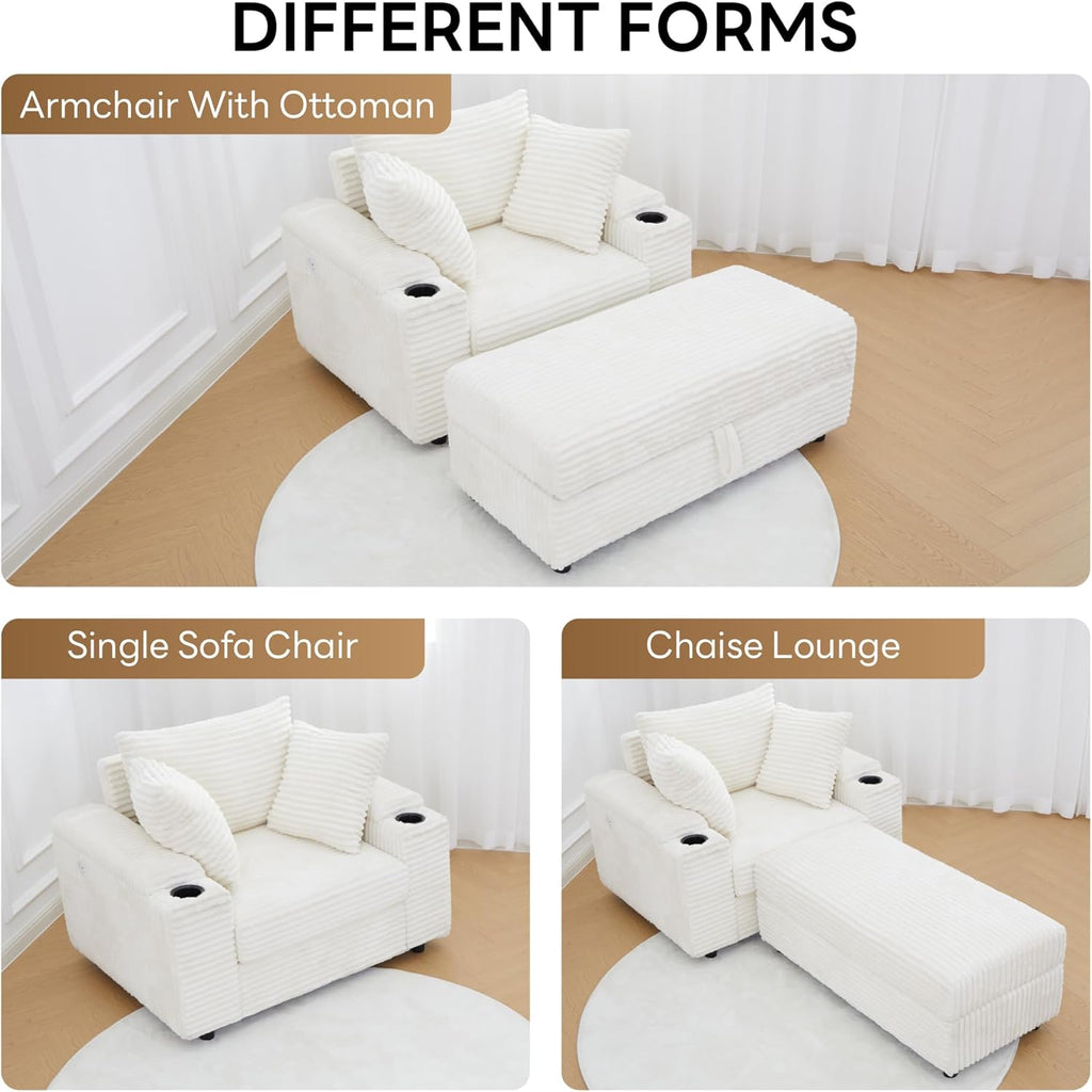 LIKIMIO 54'' Firm Solid Wood Frame Chaise  with USB & Cup Holder, White