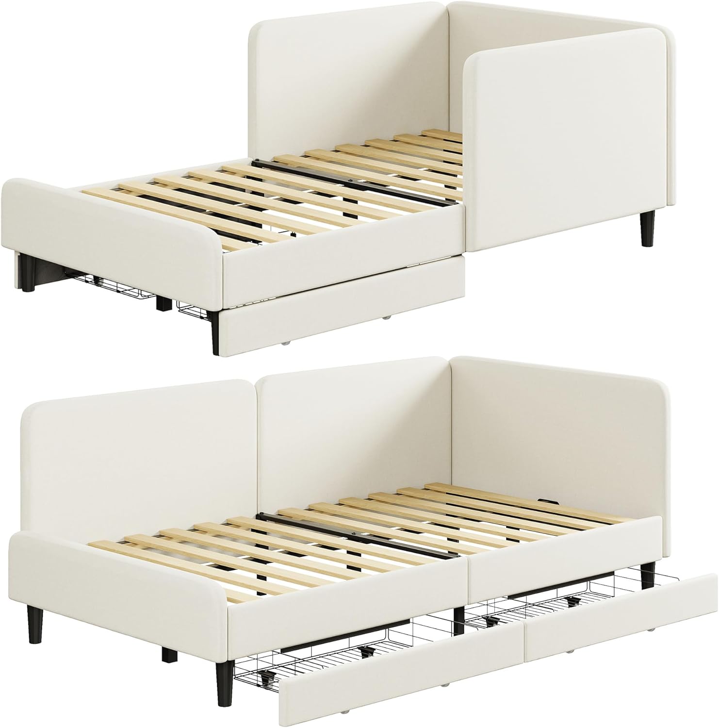 LIKIMIO Twin Daybed with Headboard, Corner Bed Frame with Bed Rails and Storage Drawers, Solid Support, for Bedroom Guest Room, Cream
