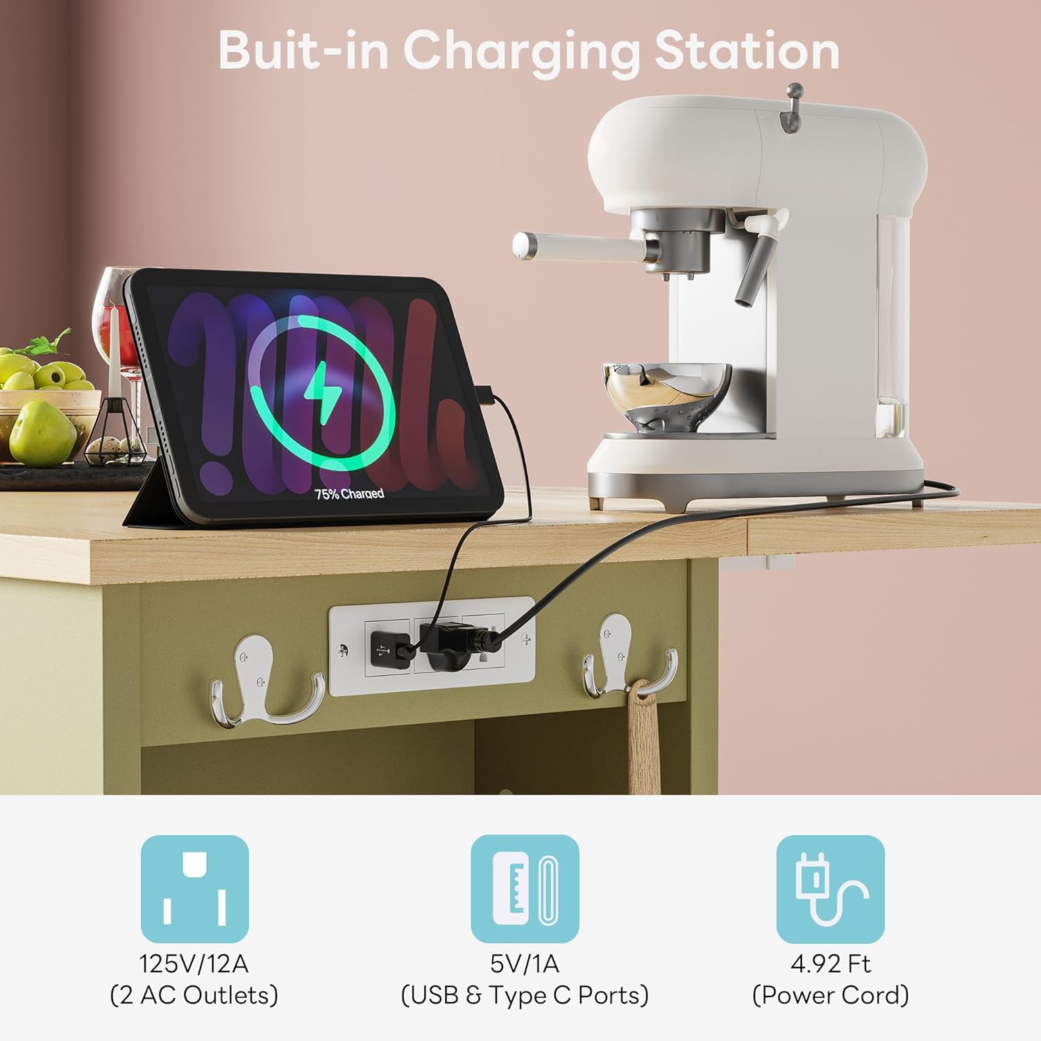 LIKIMIO Kitchen Island on Wheels with Power Outlet & Drop Leaf, Green