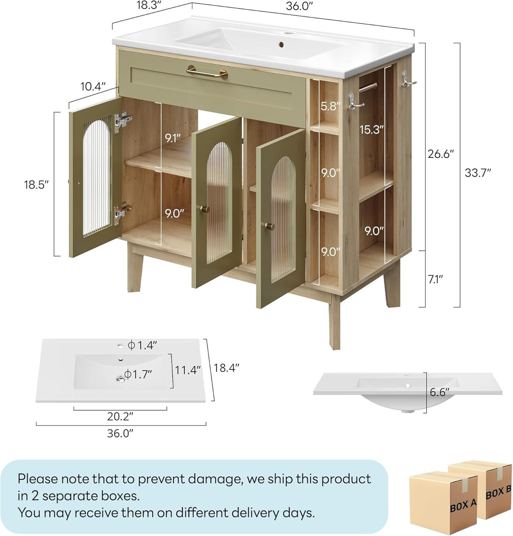LIKIMIO 36 Inch Bathroom Vanity with Sink, Arched Glass Door Storage with Adjustable Shelf, 36" Single Sink Vanity