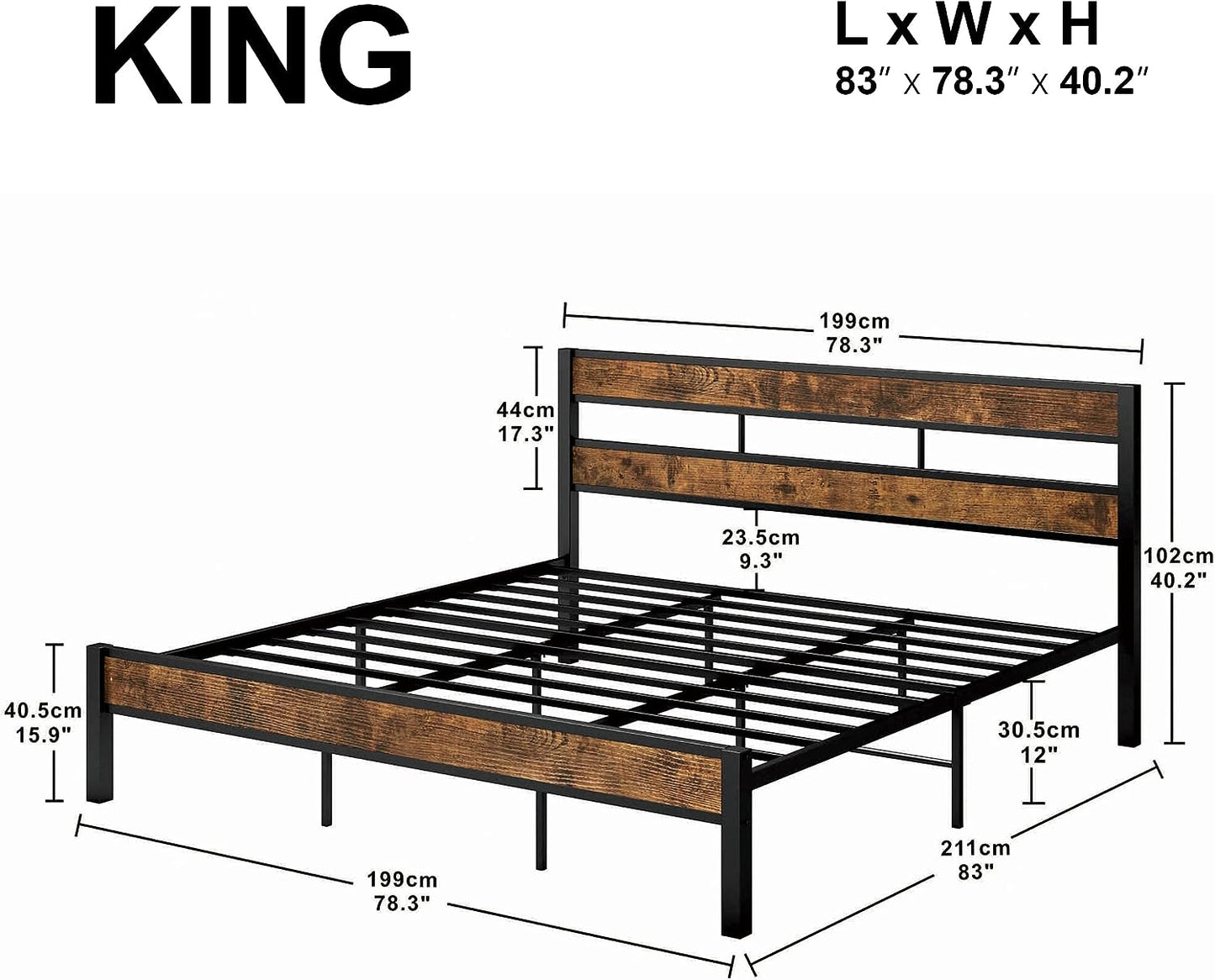 Noise Free King Size Bed Frame with Headboard Vintage Brown