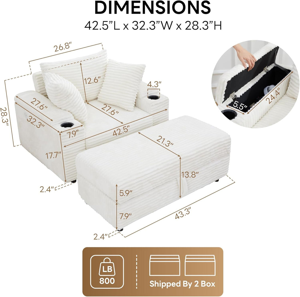 LIKIMIO 54'' Firm Solid Wood Frame Chaise  with USB & Cup Holder, White