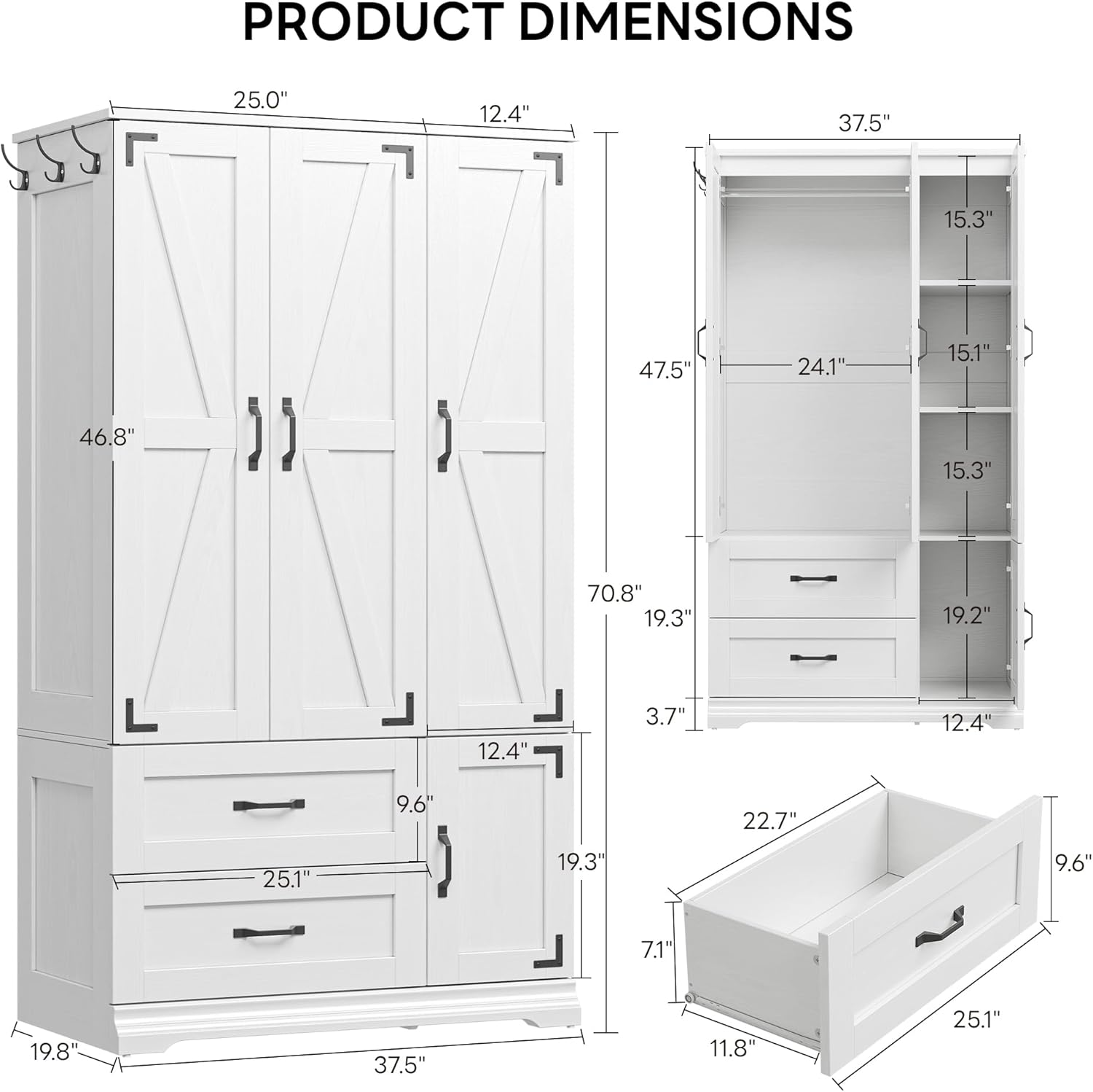 LIKIMIO Armoire Wooden Wardrobe（71”）