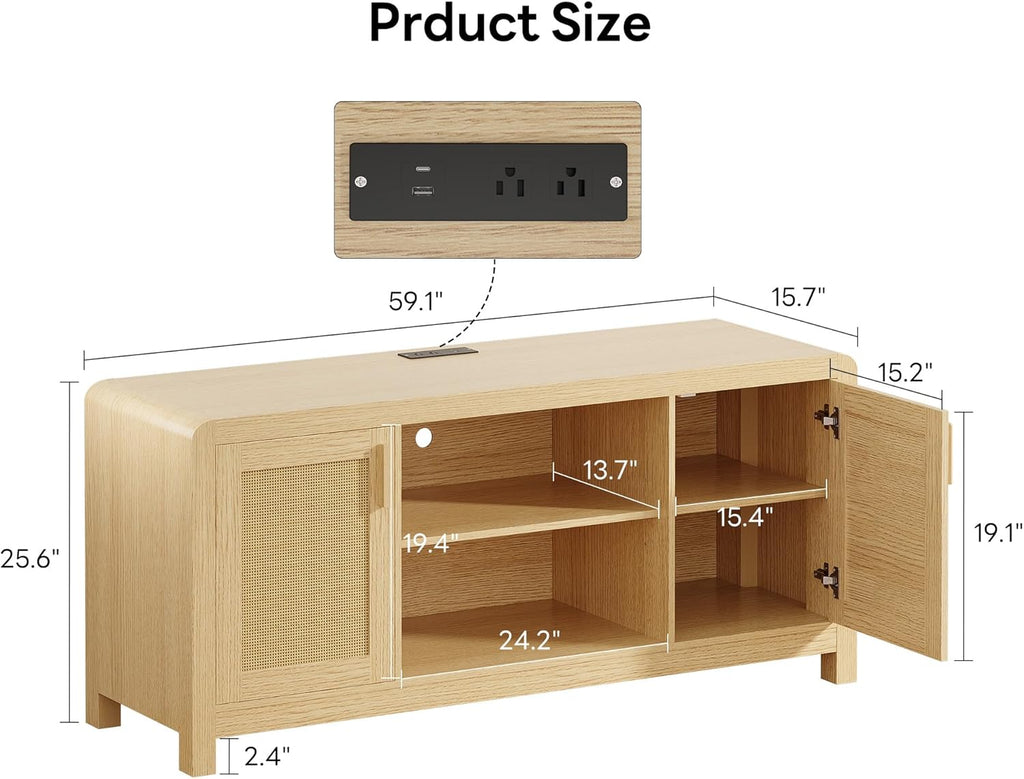 LIKIMIO TV Stand with Power Outlet for TVs up to 65", Natural