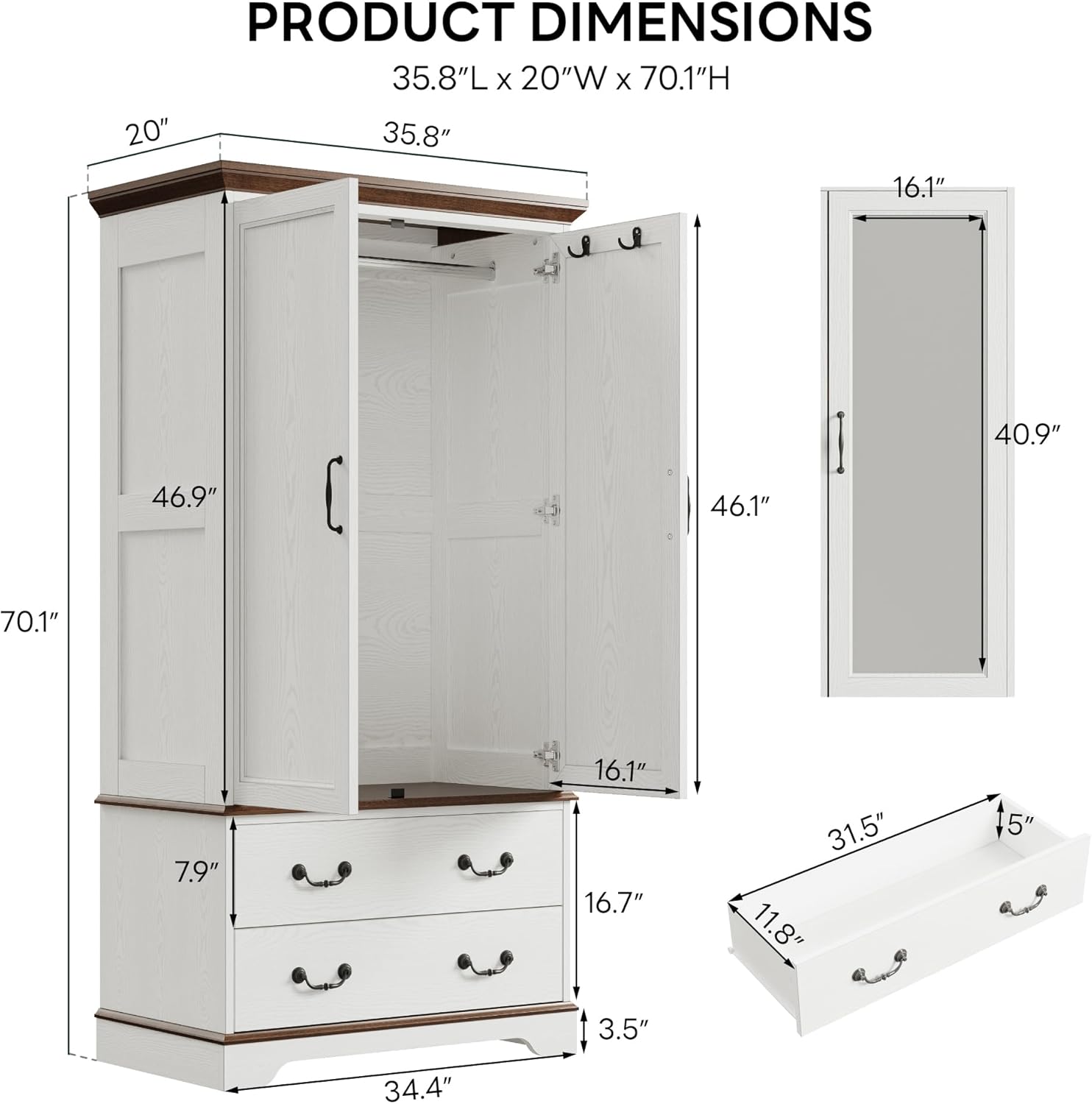 LIKIMIO 70.1“ Armoire Hangjing Rod Closet