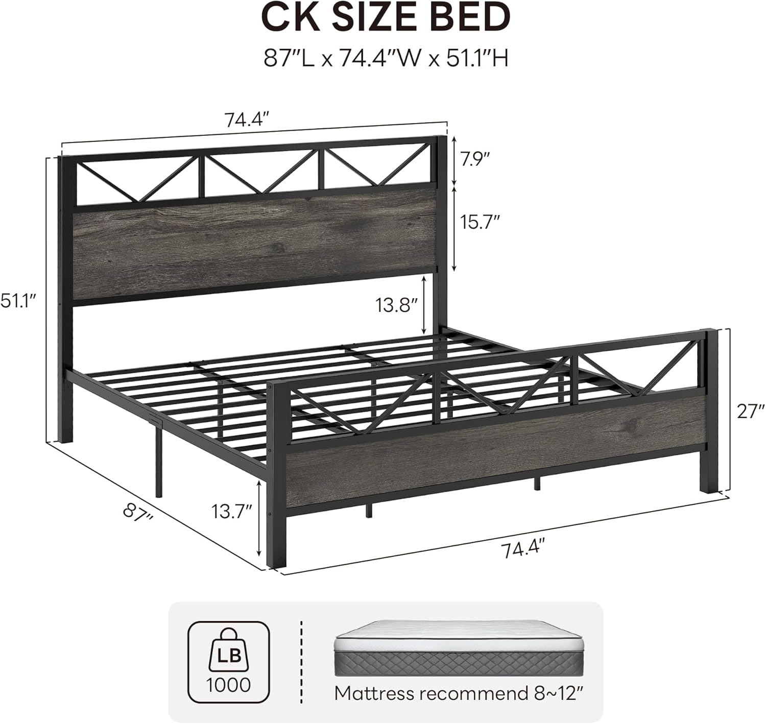LIKIMIO High Industrial Style Headboard Bed Frame
