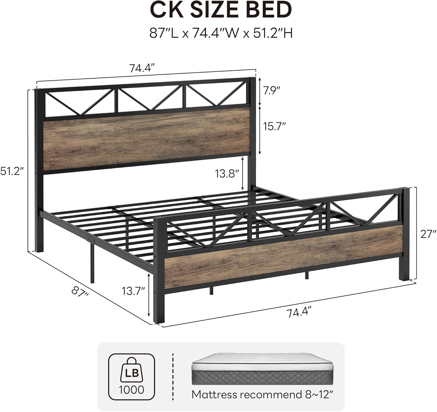 LIKIMIO High Industrial Style Headboard Bed Frame