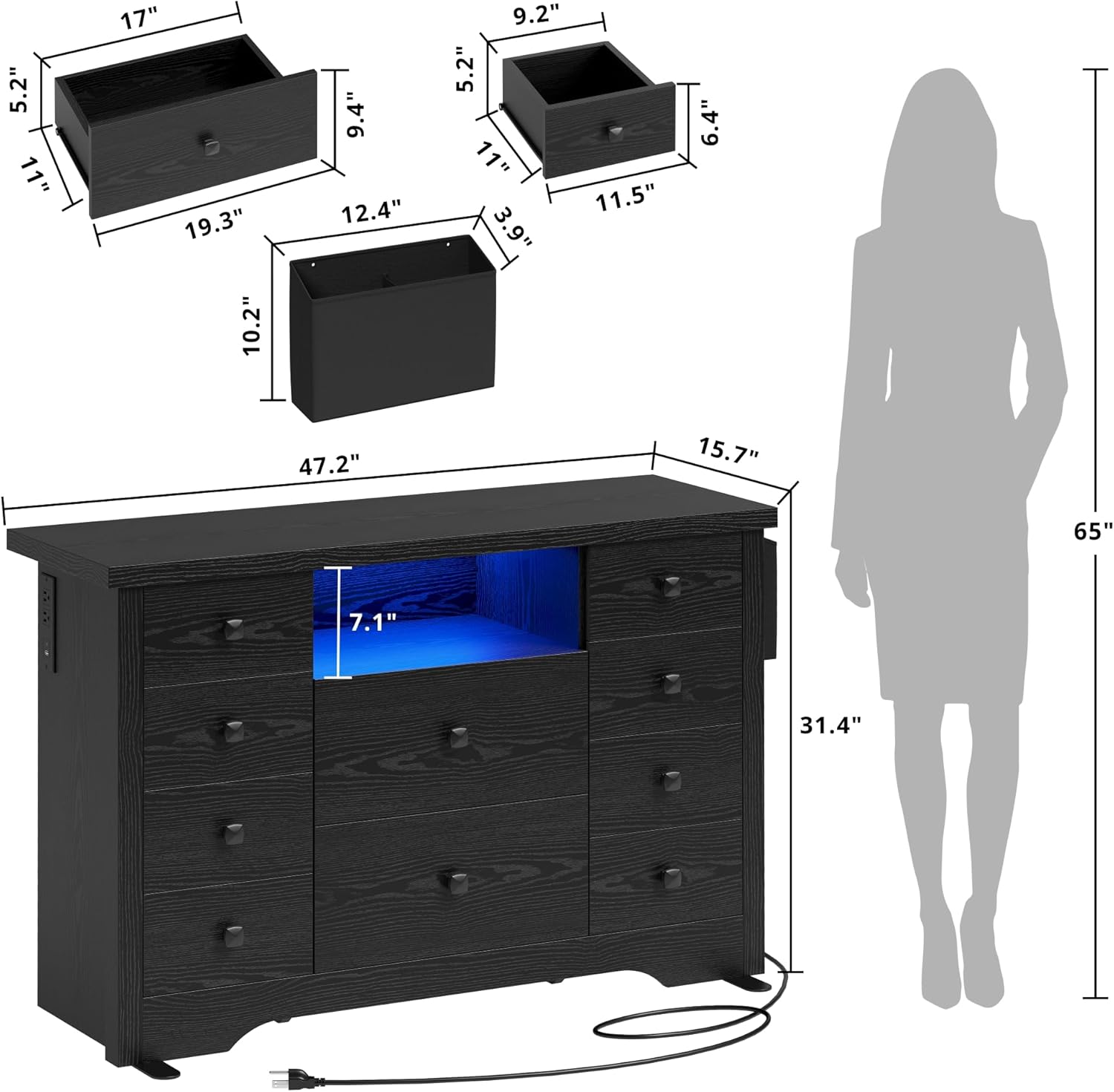 LIKIMIO Fabric Side Pocket & Wooden 10-Drawers Dresser
