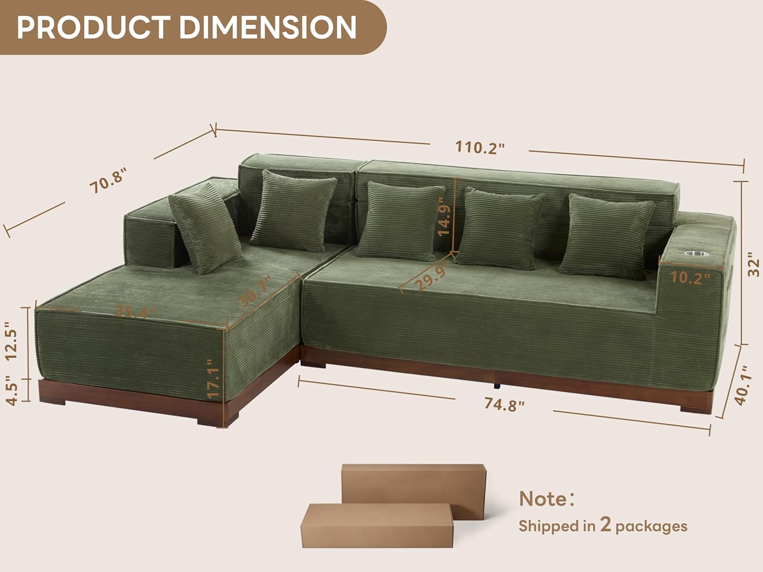 LIKIMIO L-Shaped Cloud Boneless Sofa（110“）