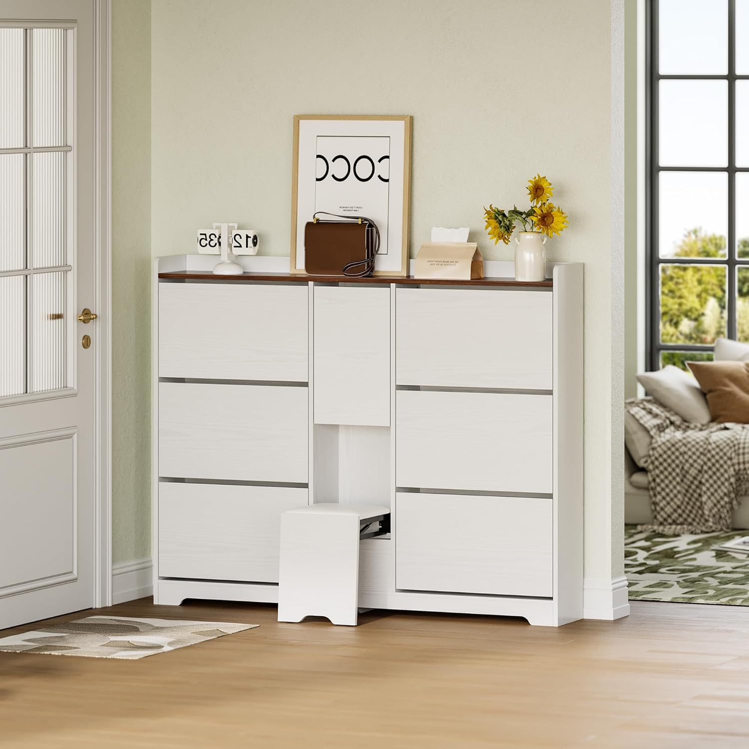 LIKIMIO Flip-Top Drawer & Hidden Stool Shoe Cabinet (63")