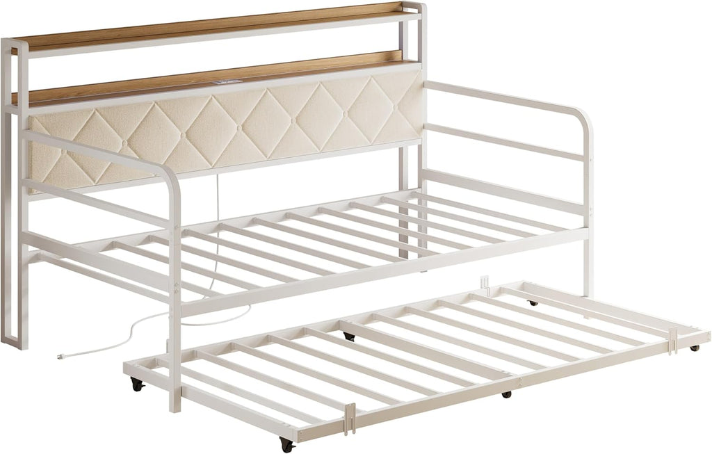 LIKIMIO Twin Daybed with Trundle,  LED Lights & Charging Station, White