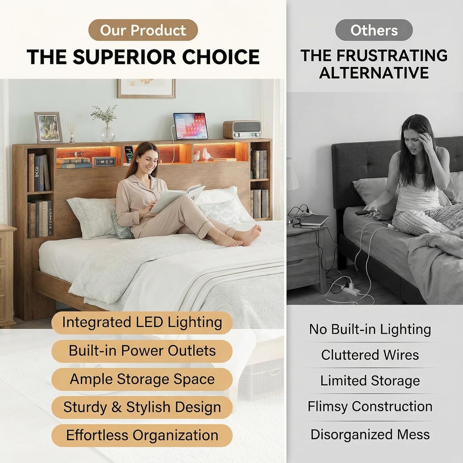 LIKIMIO Queen Bed Frame, with Charging Station & LED Lights, Natural Color