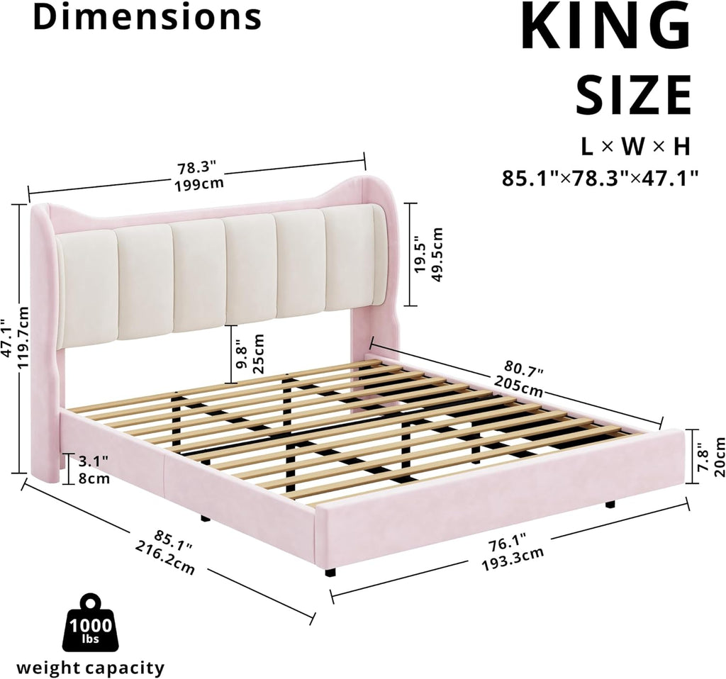 LIKIMIO LED & Velvet Upholstered Platform Bed Frame