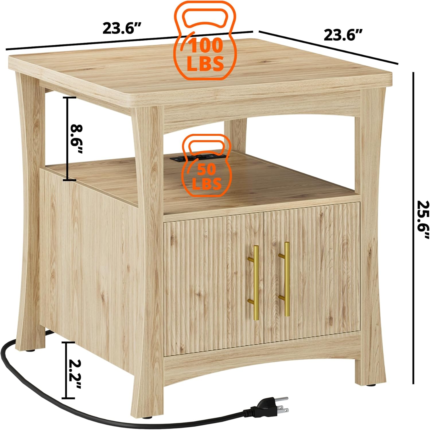 LIKIMIO 23.6" Wood Nightstand with Charging Station, Oak