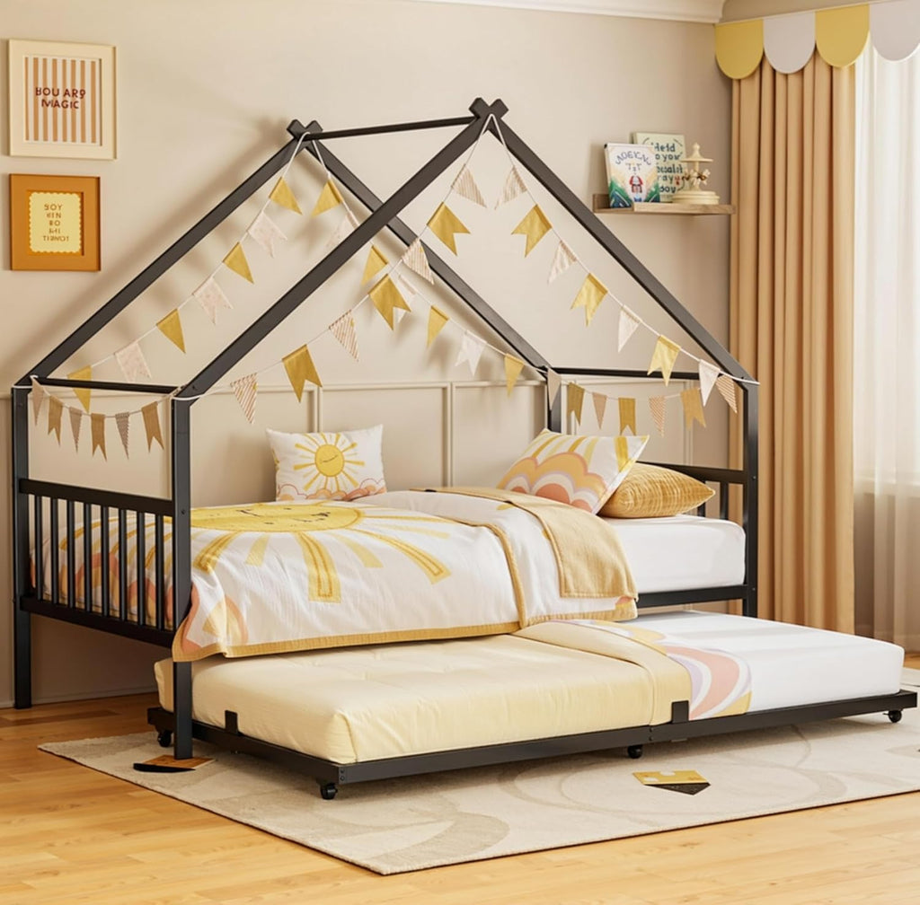 LIKIMIO Twin Daybed with Trundle, DIY House Bed Frame with Raised Headboard & Footboard, Convertible Sofa Bed with Lockable Casters, NO Box Spring Needed, Ideal for Bedroom, Guest Room, Black