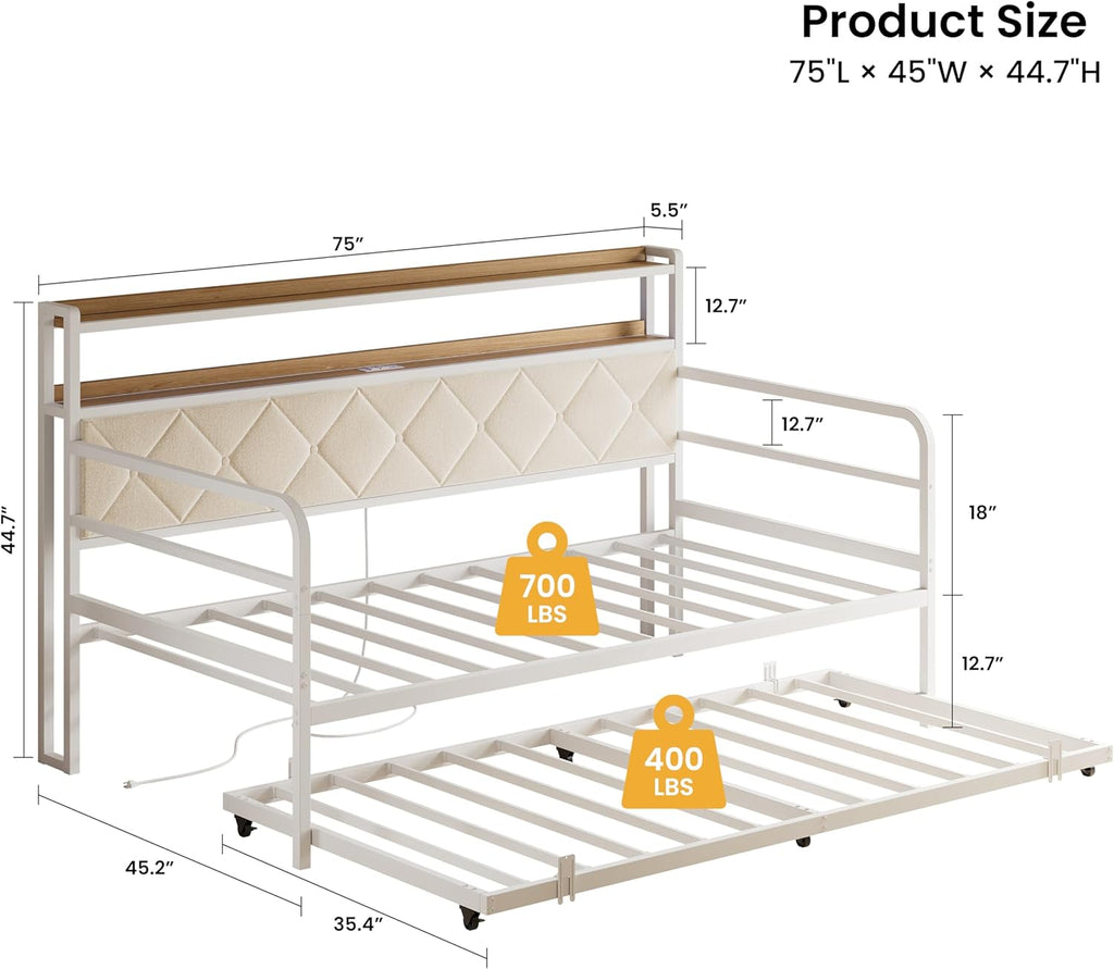 LIKIMIO Twin Daybed with Trundle,  LED Lights & Charging Station, White