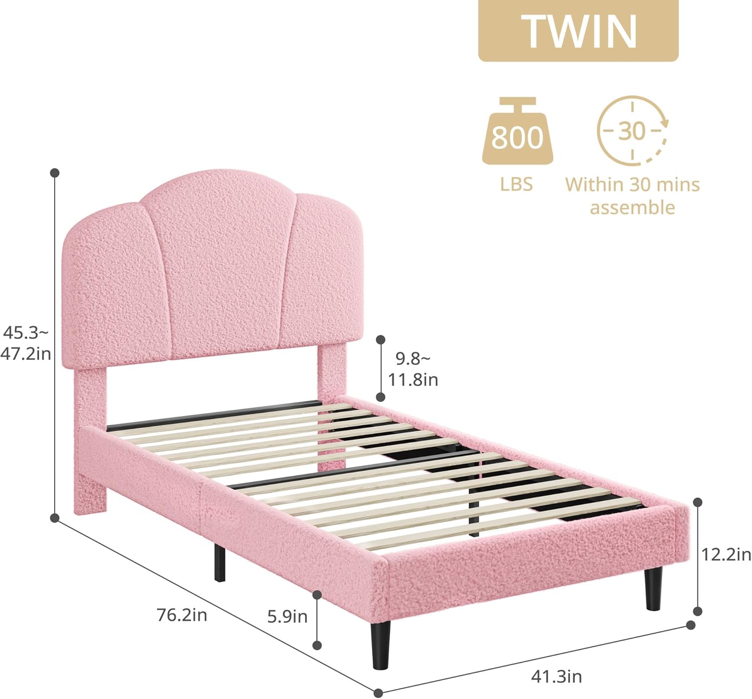 LIKIMIO Upholstered Twin Beds with Lamb Velvet 800LBS Sturdy, Pink