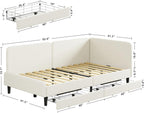 LIKIMIO Twin Daybed with Headboard, Corner Bed Frame with Bed Rails and Storage Drawers, Solid Support, for Bedroom Guest Room, Cream