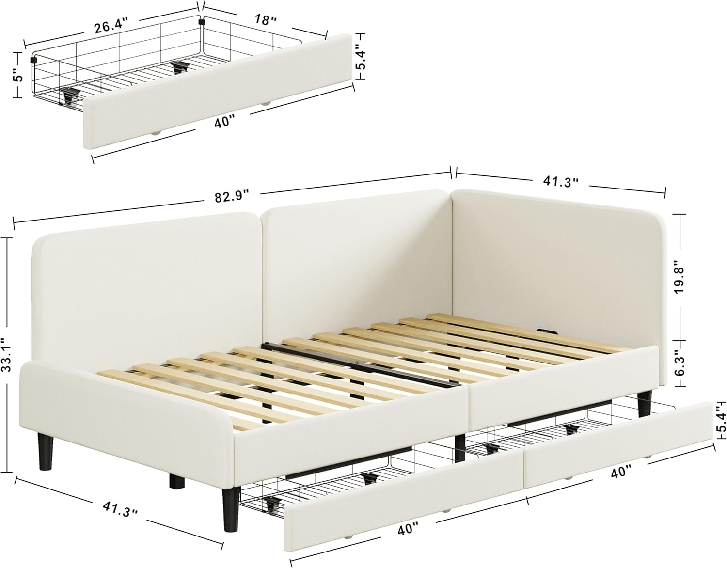 LIKIMIO Twin Daybed with Headboard, Corner Bed Frame with Bed Rails and Storage Drawers, Solid Support, for Bedroom Guest Room, Cream