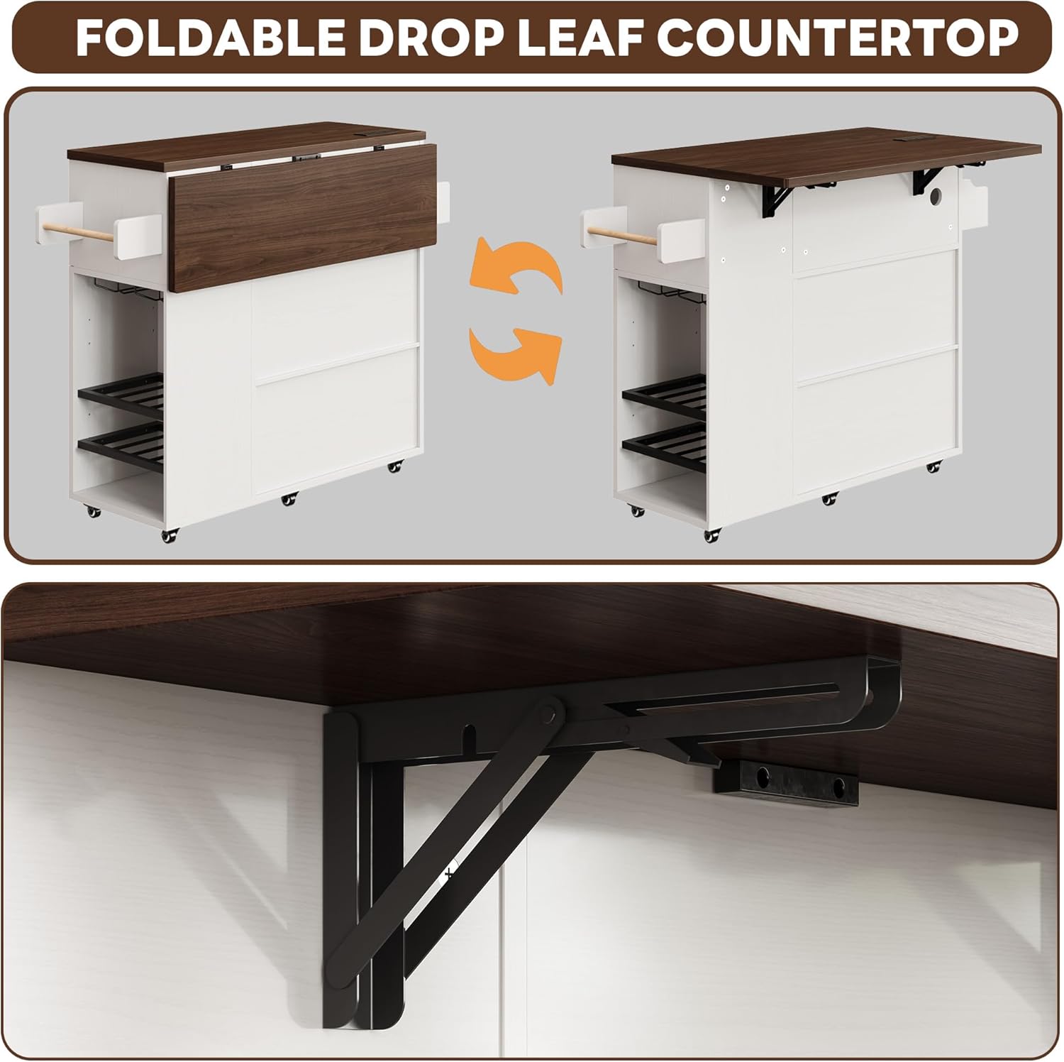 LIKIMIO 51" Mobile Kitchen Island Cart with Drop Leaf & Power Outlet