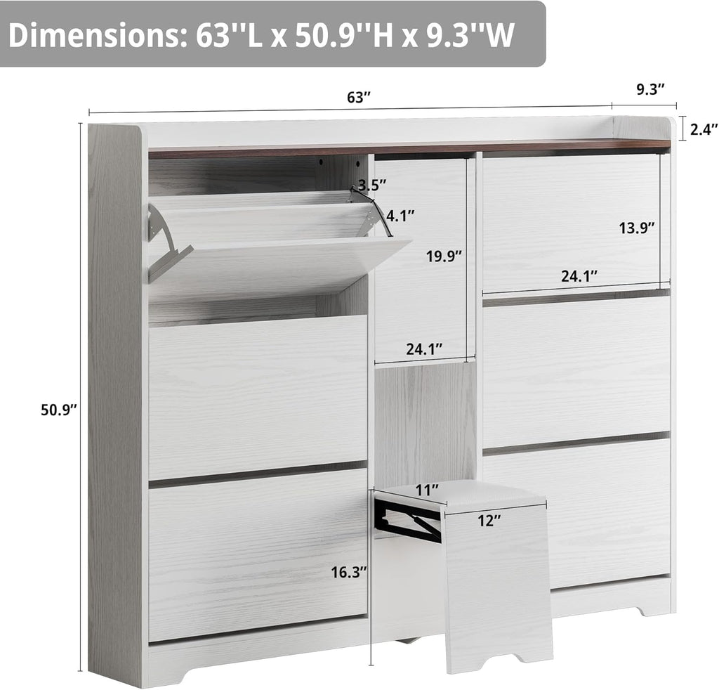 LIKIMIO Flip-Top Drawer & Hidden Stool Shoe Cabinet (63")