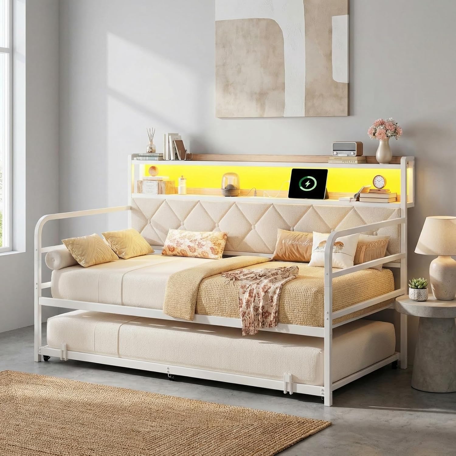 LIKIMIO Twin Daybed with Trundle,  LED Lights & Charging Station, White