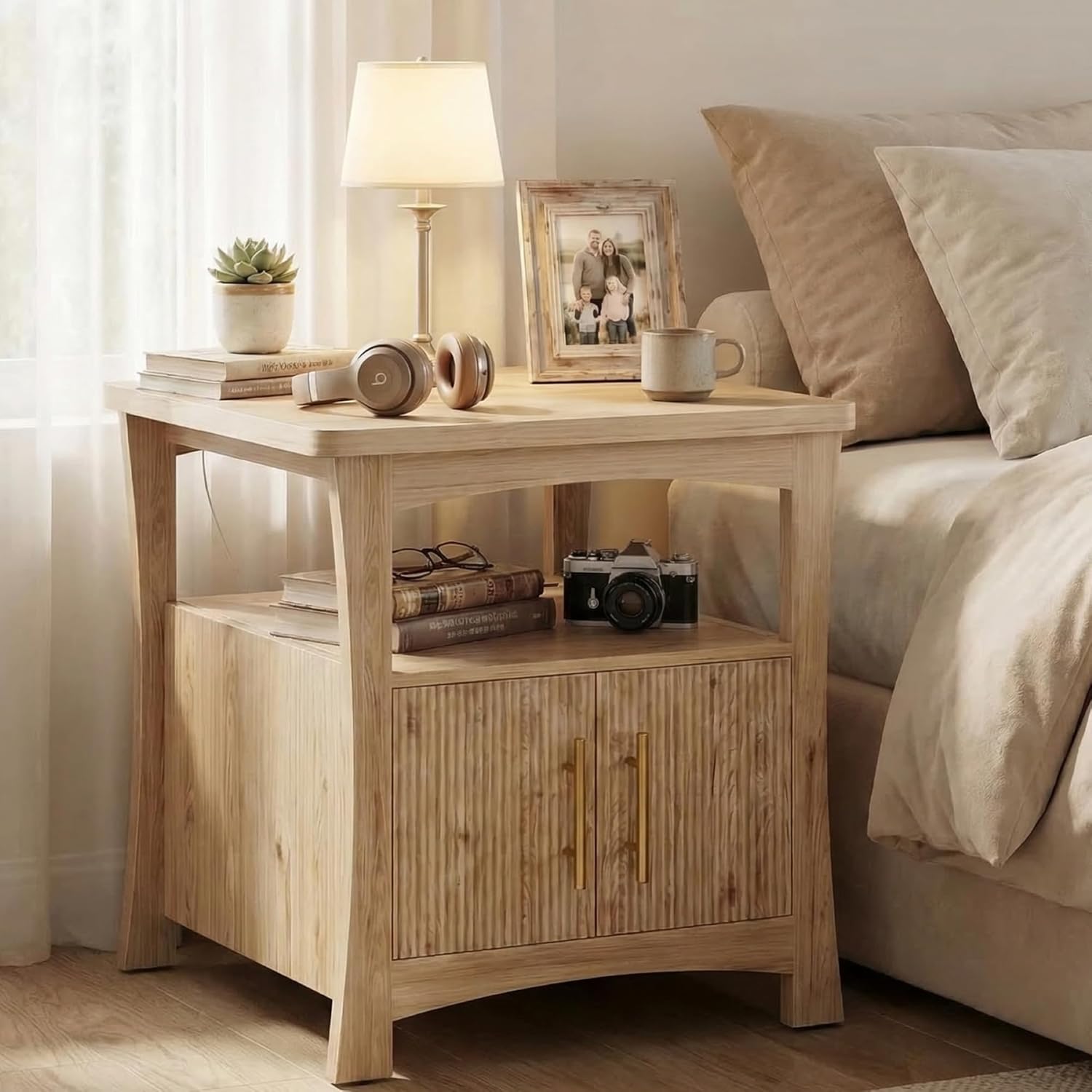 LIKIMIO 23.6" Wood Nightstand with Charging Station, Oak