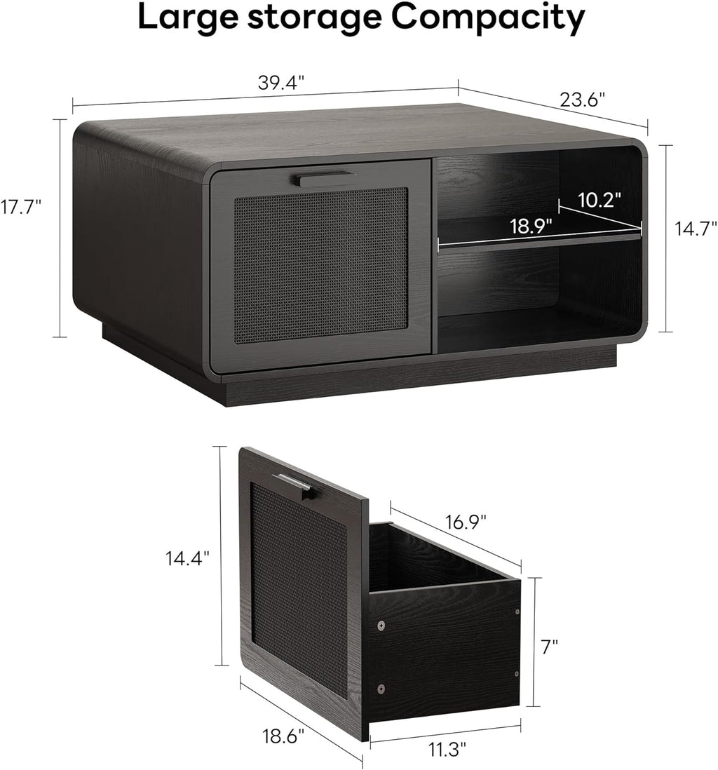 LIKIMIO 39.4" Rattan Coffee Table with Storage Drawers, Black