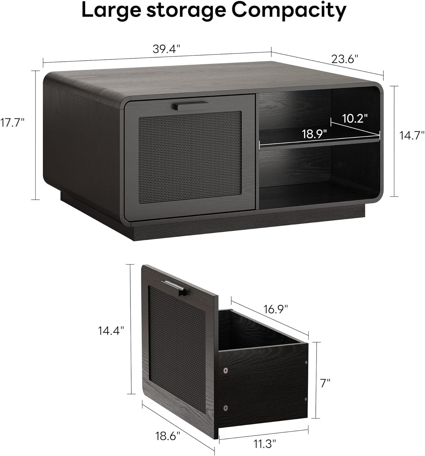 LIKIMIO 39.4" Rattan Coffee Table with Storage Drawers, Black