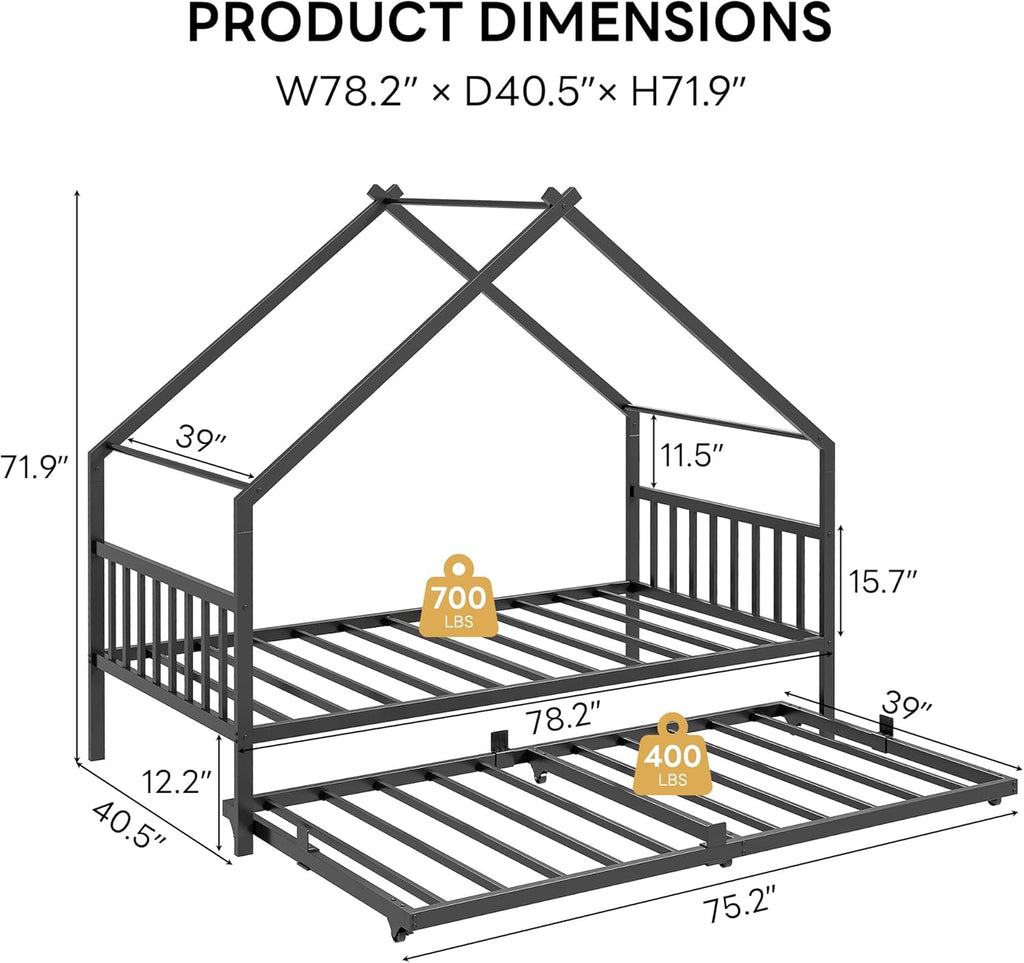 LIKIMIO Twin Daybed with Trundle, DIY House Bed Frame with Raised Headboard & Footboard, Convertible Sofa Bed with Lockable Casters, NO Box Spring Needed, Ideal for Bedroom, Guest Room, Black