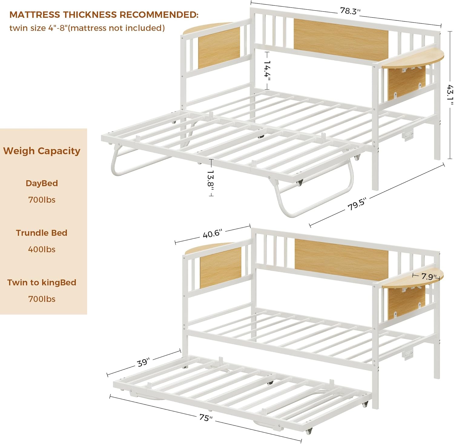 LIKIMIO Daybed with Trundle,  LED Lights and Charging Station,  White