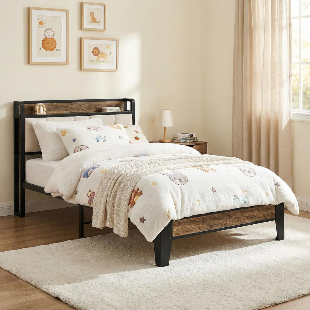 LIKIMIO King Bed Frames, with Charging Station, Wood and Cream
