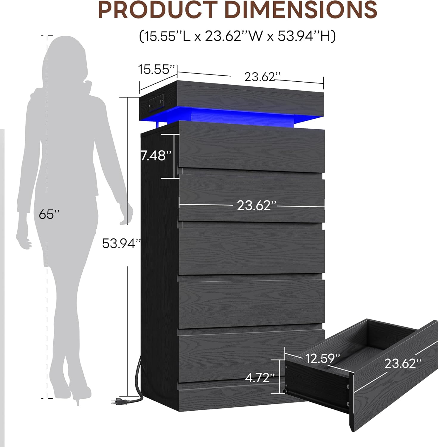 LIKIMIO Wooden 5 Drawer Tallboy (54")