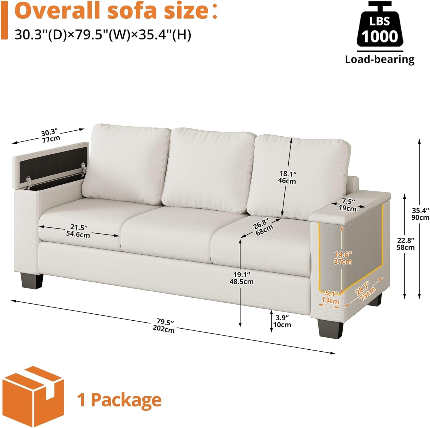 LIKIMIO Storage Wide Armrest Sofa