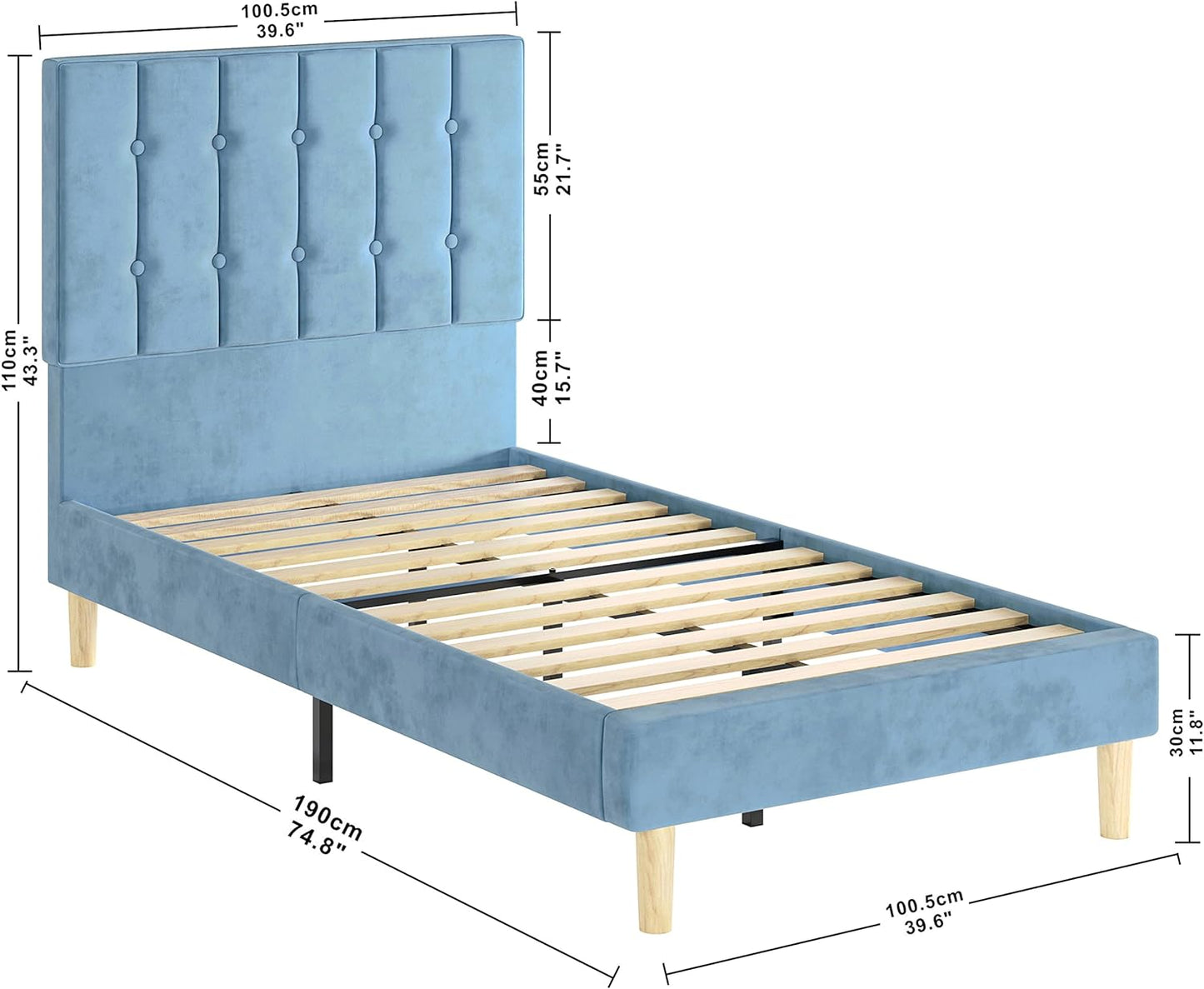 LIKIMIO Velvet Upholstered Platform Bed Light Blue