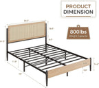 LIKIMIO Natural Rattan Full Size Bed Frame with Wooden Headboard | Boho Metal Platform Bed Frame Full Size with Metal Slats Surpport, Under Bed Storage, No Box Spring Needed, for Bedroom