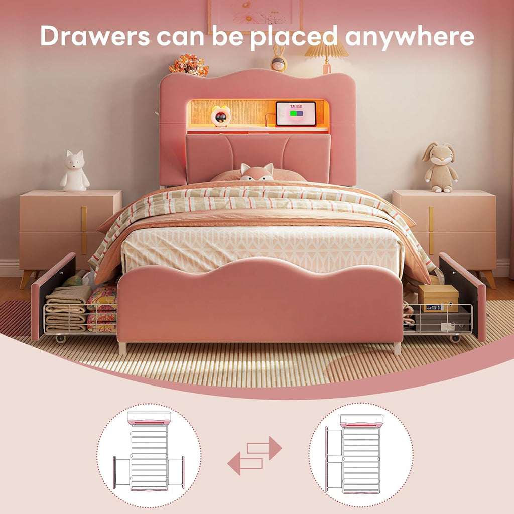 LIKIMIO Velvet Bed Frame (Bookshelf Headboard & Storage & LED)