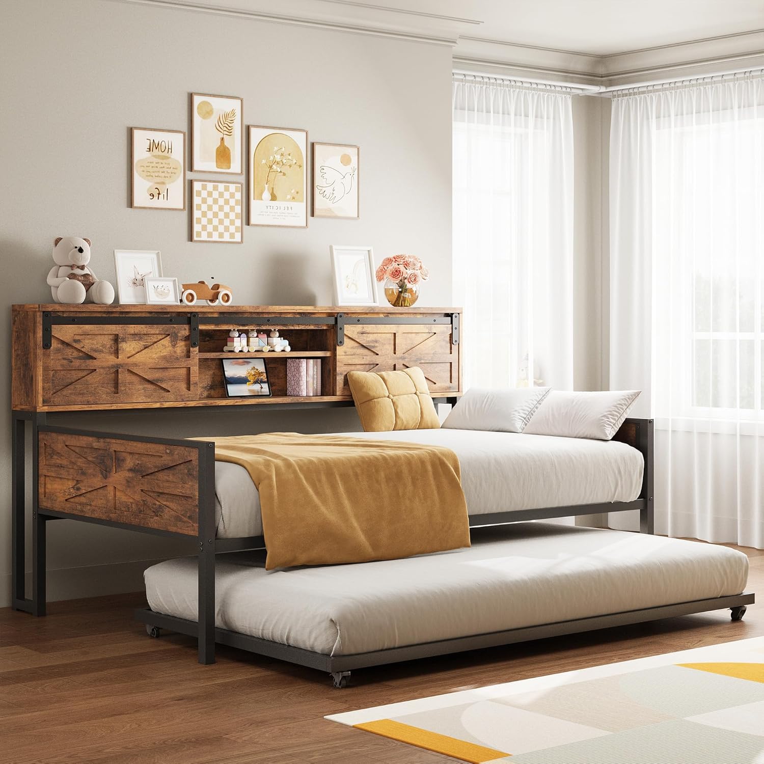 LIKIMIO Farmhouse Trundle Sofa Bed