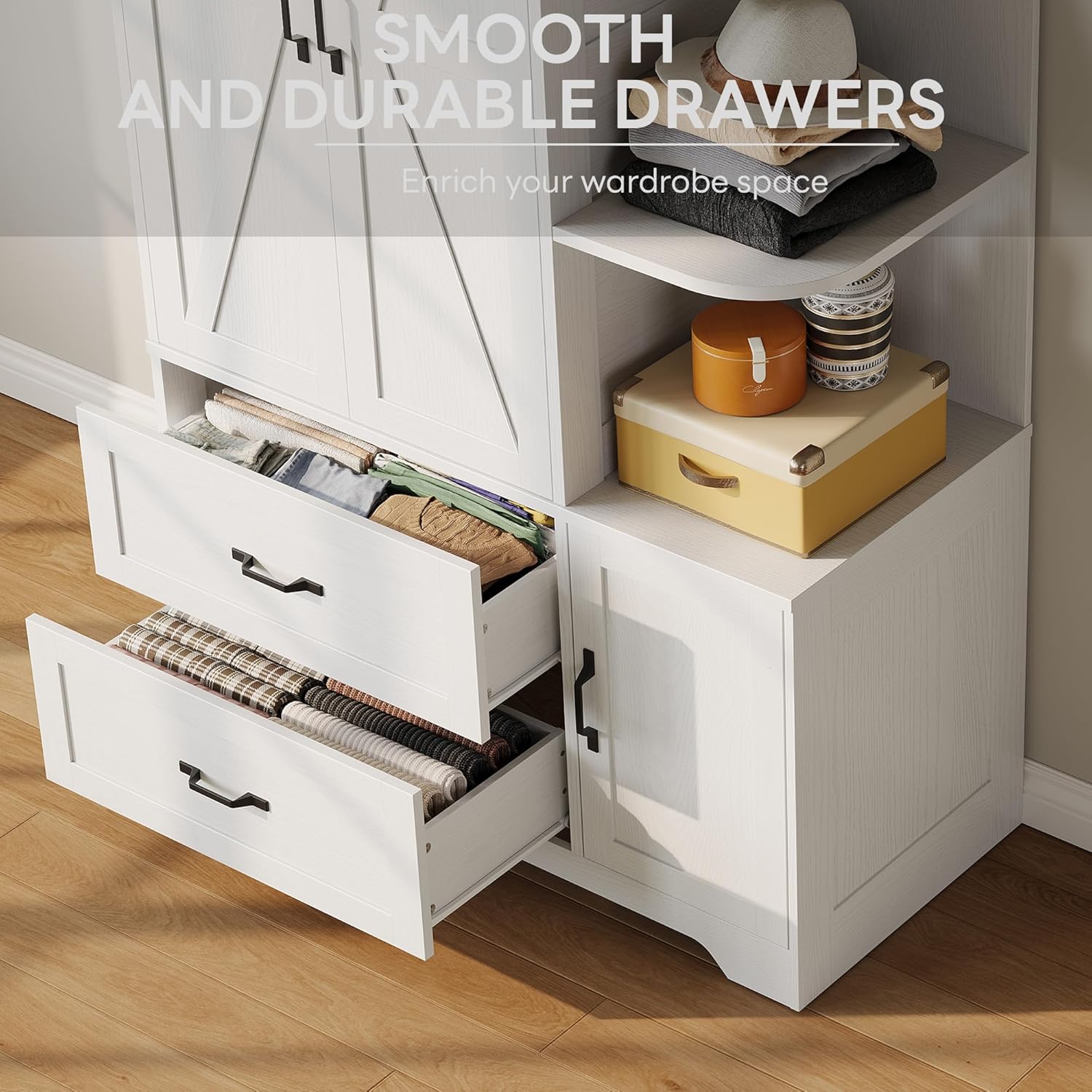 LIKIMIO Armoire Wooden 3 Door 2 Drawer Wardrobe（70"）