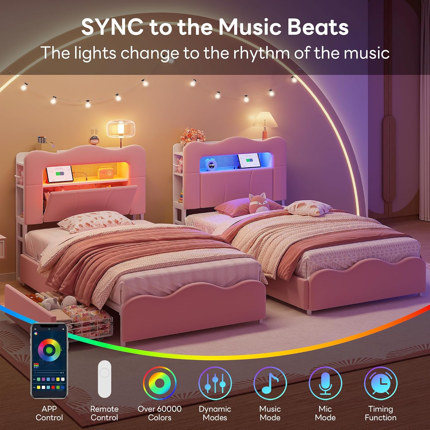 LIKIMIO Velvet Bed Frame (Bookshelf Headboard & Storage & LED)