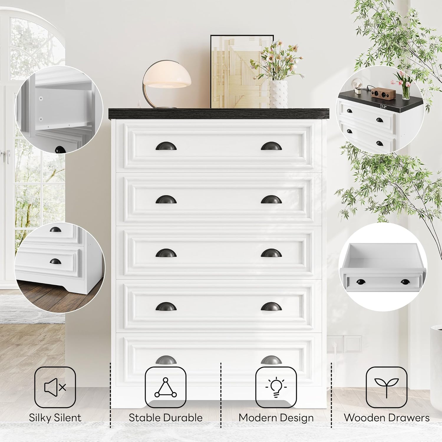 LIKIMIO 5-Drawer 43" Tall Dresser with Built-in Charging Station