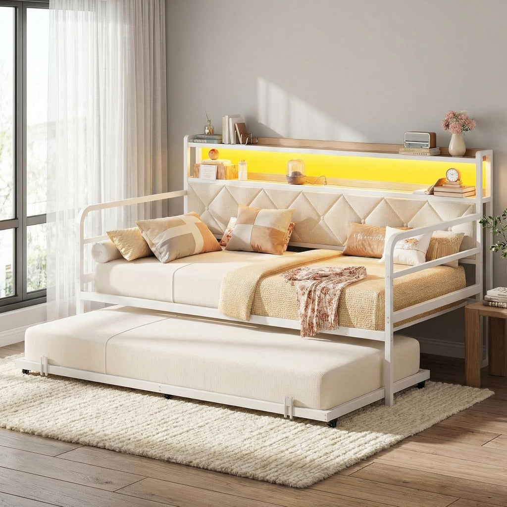 LIKIMIO Twin Daybed with Trundle, 700lbs Capacity, LED Lights & Charging Station, Black