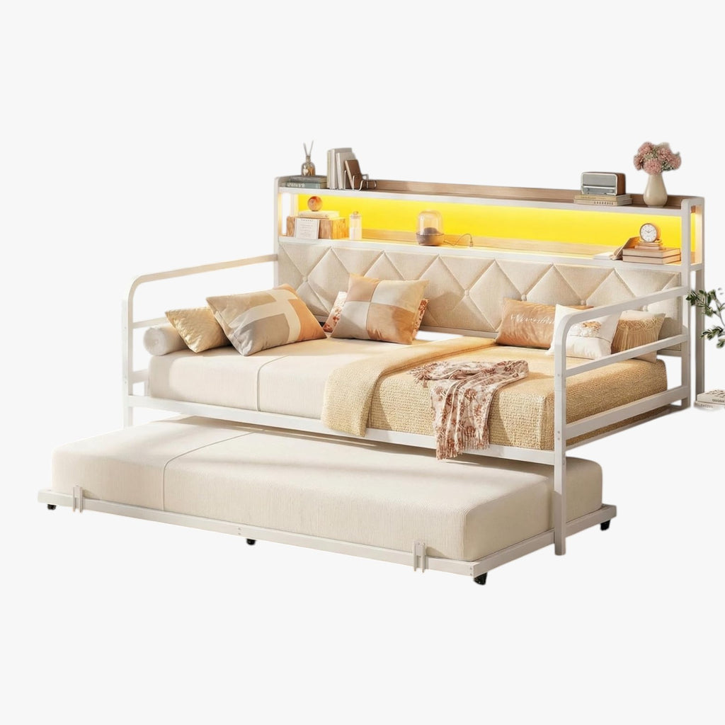 LIKIMIO Twin Daybed with Trundle,  LED Lights & Charging Station, White