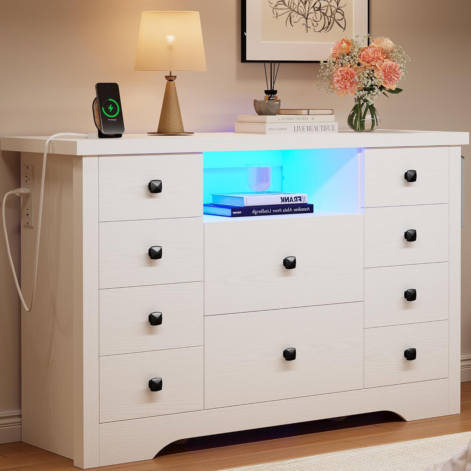 LIKIMIO Fabric Side Pocket & Wooden 10-Drawers Dresser