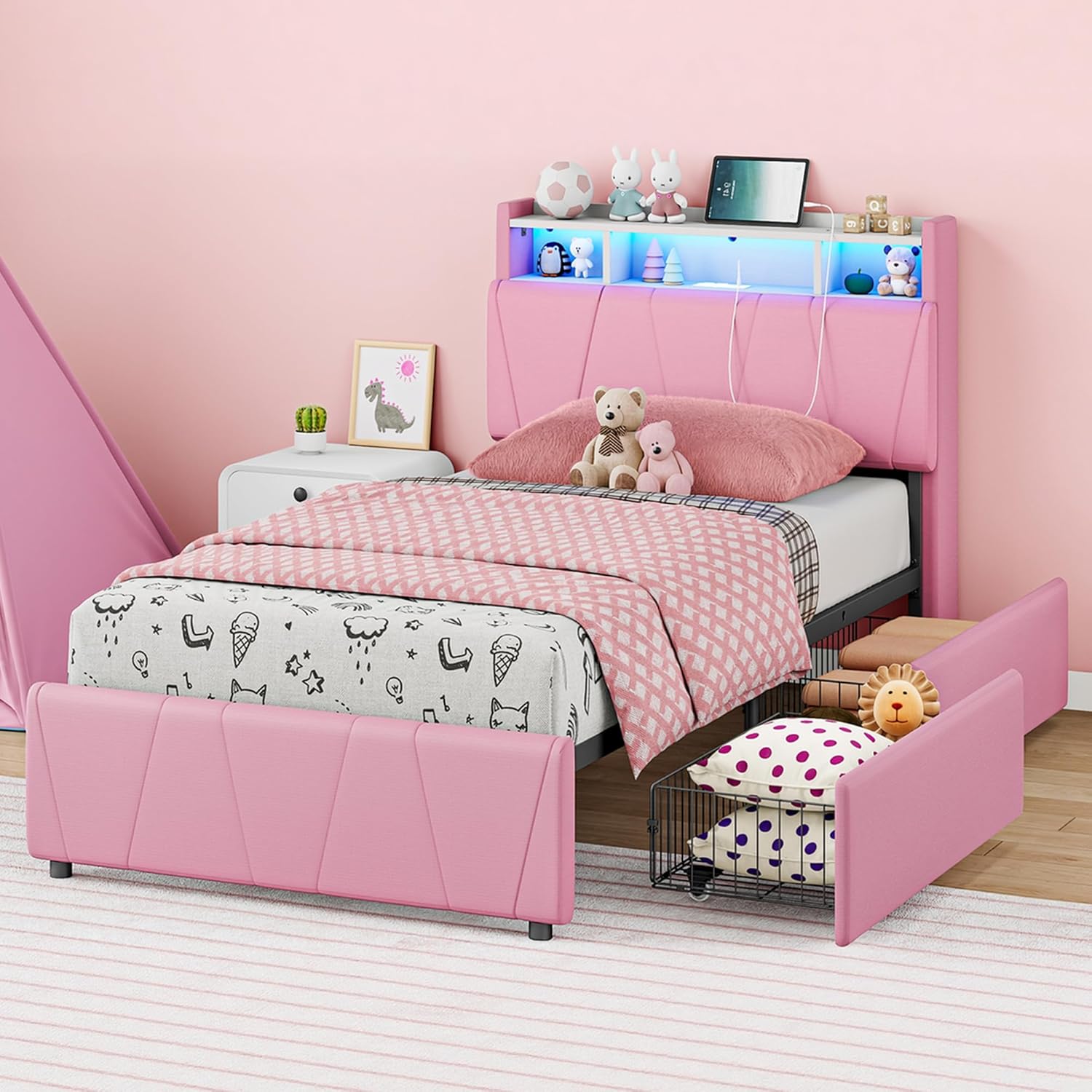 LIKIMIO Twin Bed Frame with Charging Station & LED Lights, Pink