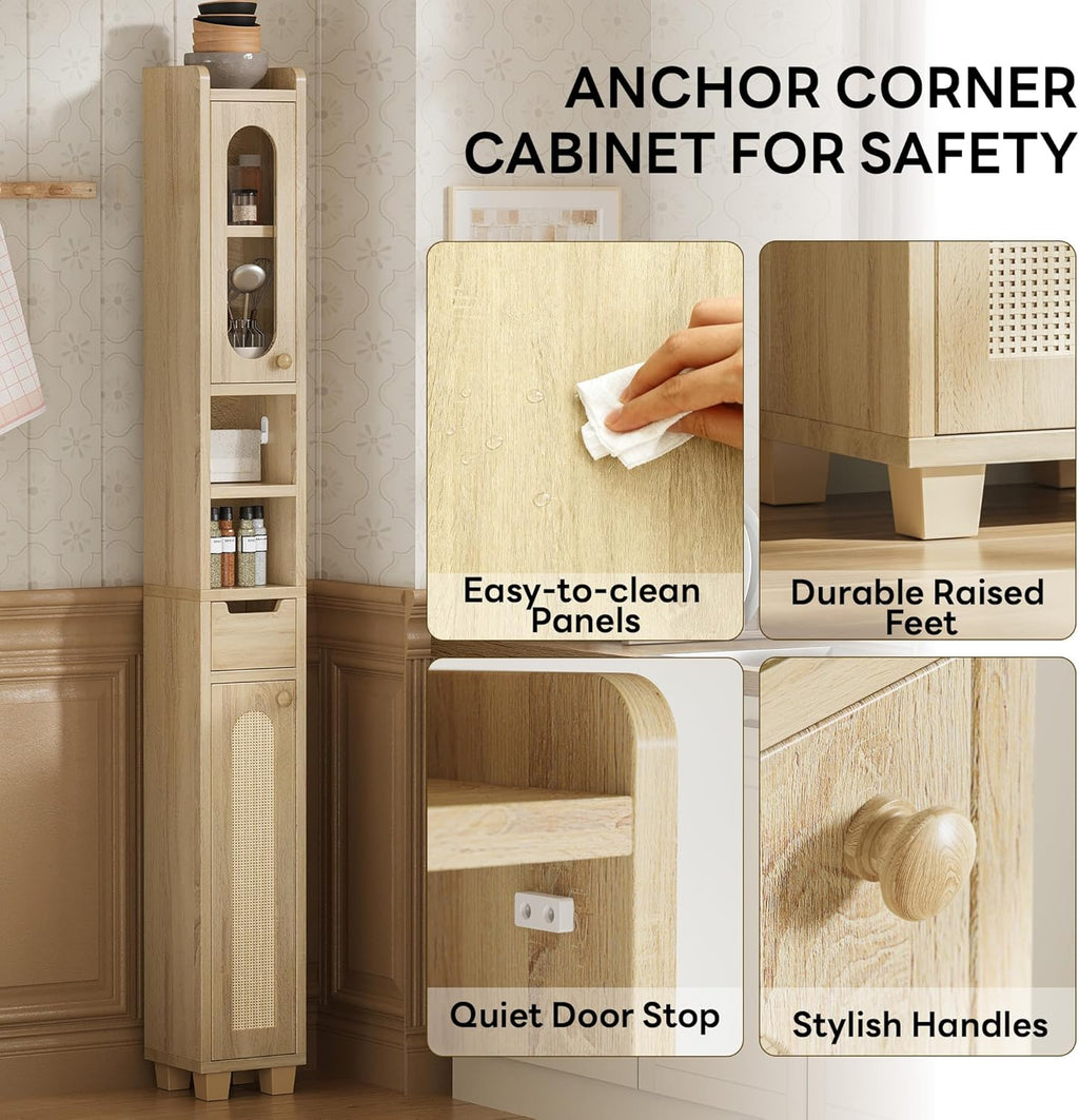 LIKIMIO Ultra-Thin Freestanding Wooden and Rattan Door Storage Cabinet (69“)