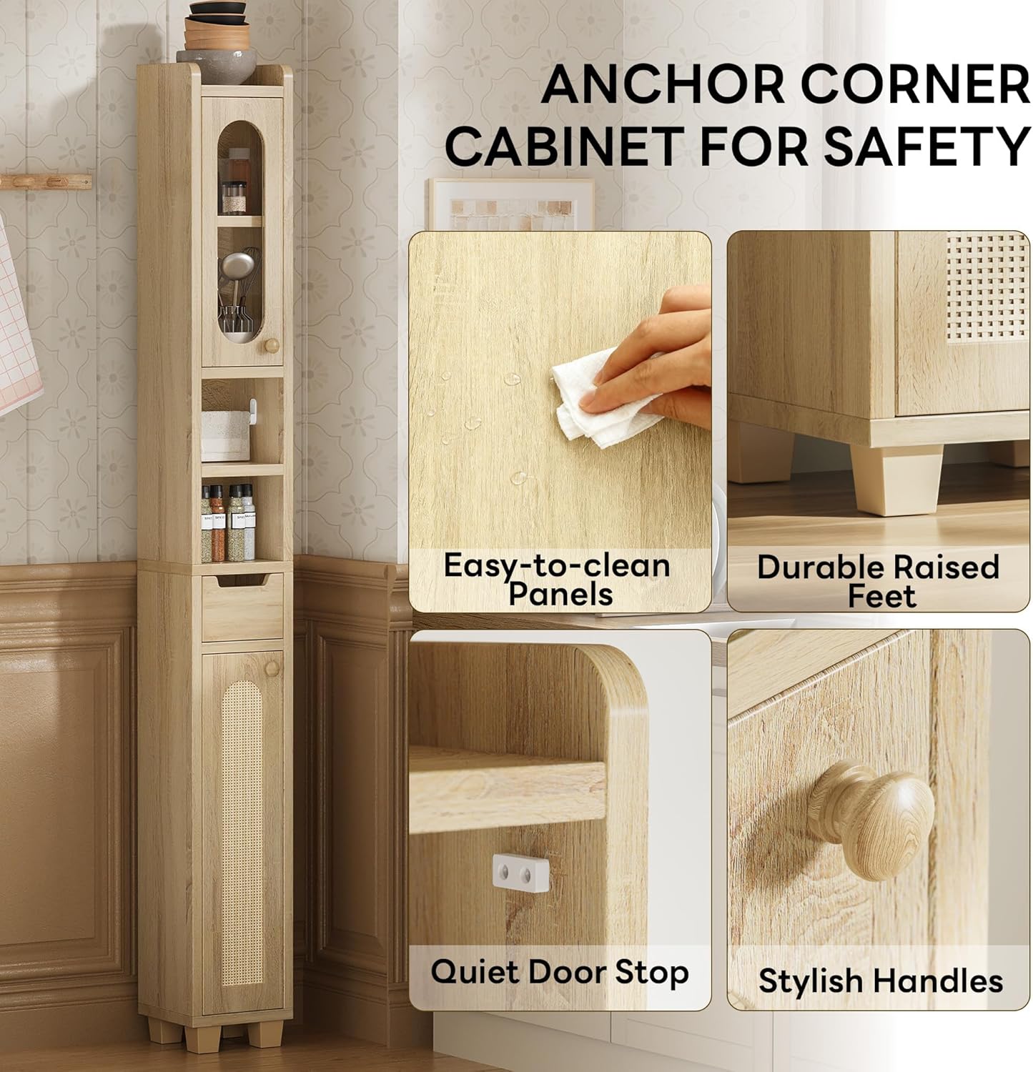 LIKIMIO Ultra-Thin Freestanding Wooden and Rattan Door Storage Cabinet (69“)