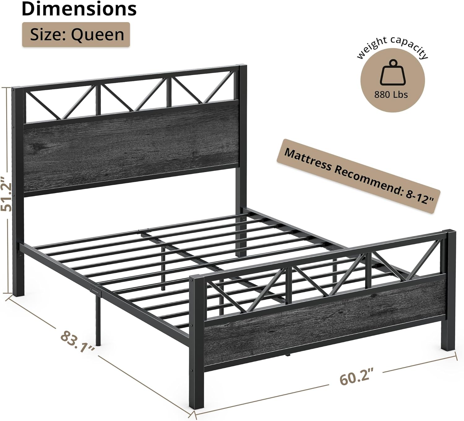 LIKIMIO High Industrial Style Headboard Bed Frame