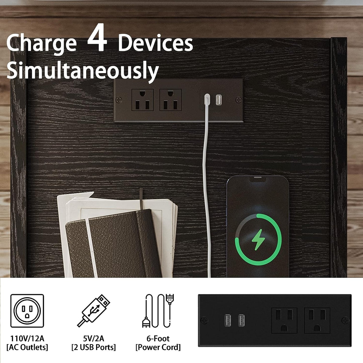 LIKIMIO Nightstand with Charging Station Black