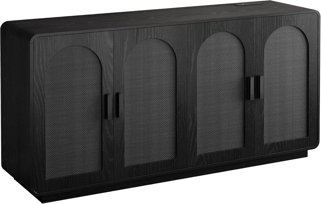 LIKIMIO Rattan Storage Cabinet with LED Lights & Power Outlet, Black